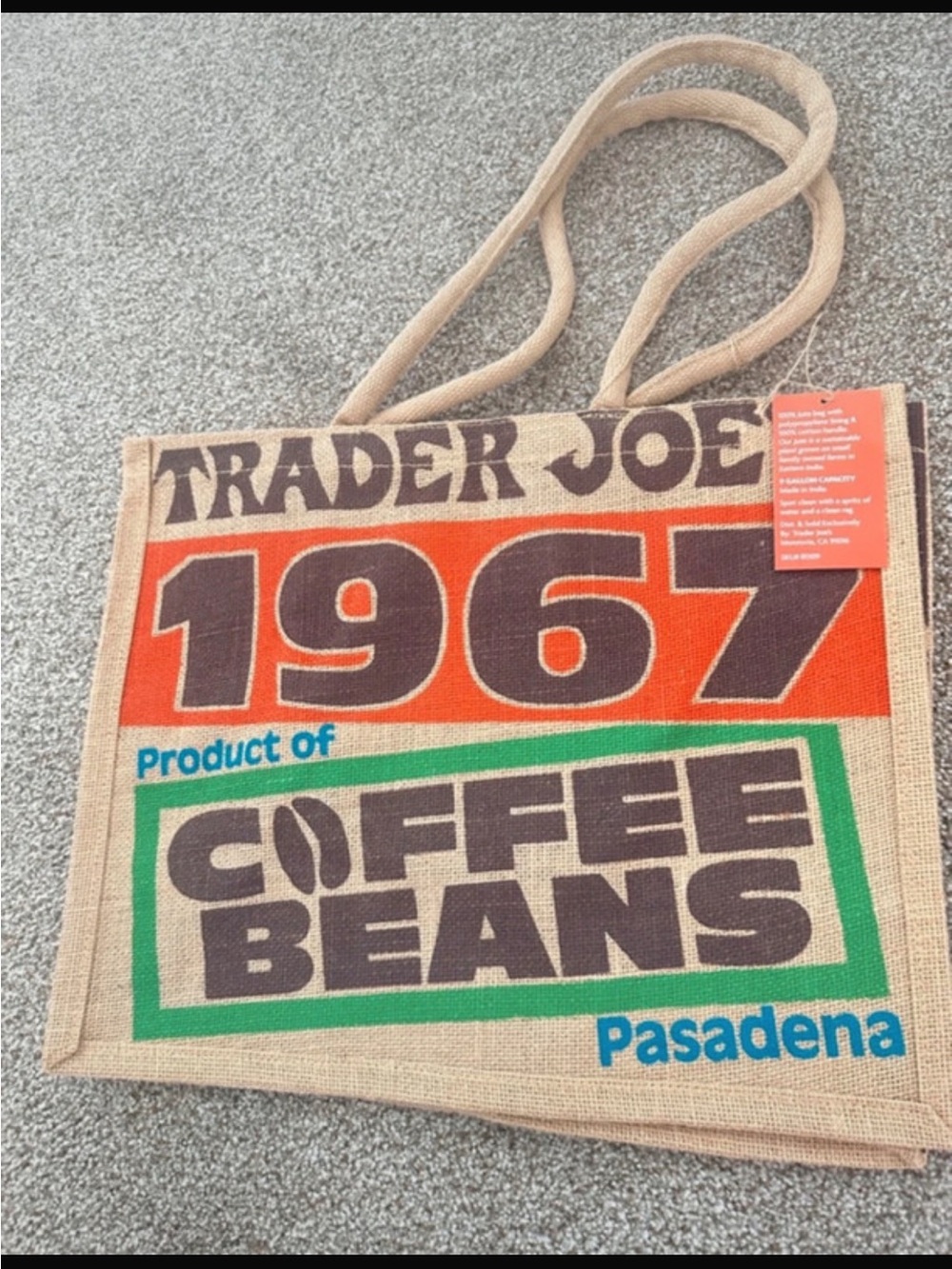 1967 Coffee Beans Jute Tote – Brown with Orange & Green Accents
